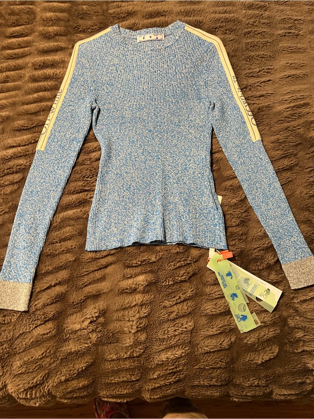Off-White Blue Ribbed Long-Sleeve Knit Top with Cream Shoulder Stripes